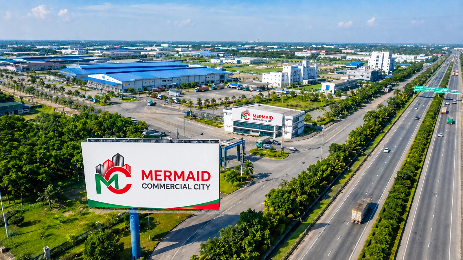 Aerial view of Mermaid Commercial City billboard, commercial buildings, and highway road network