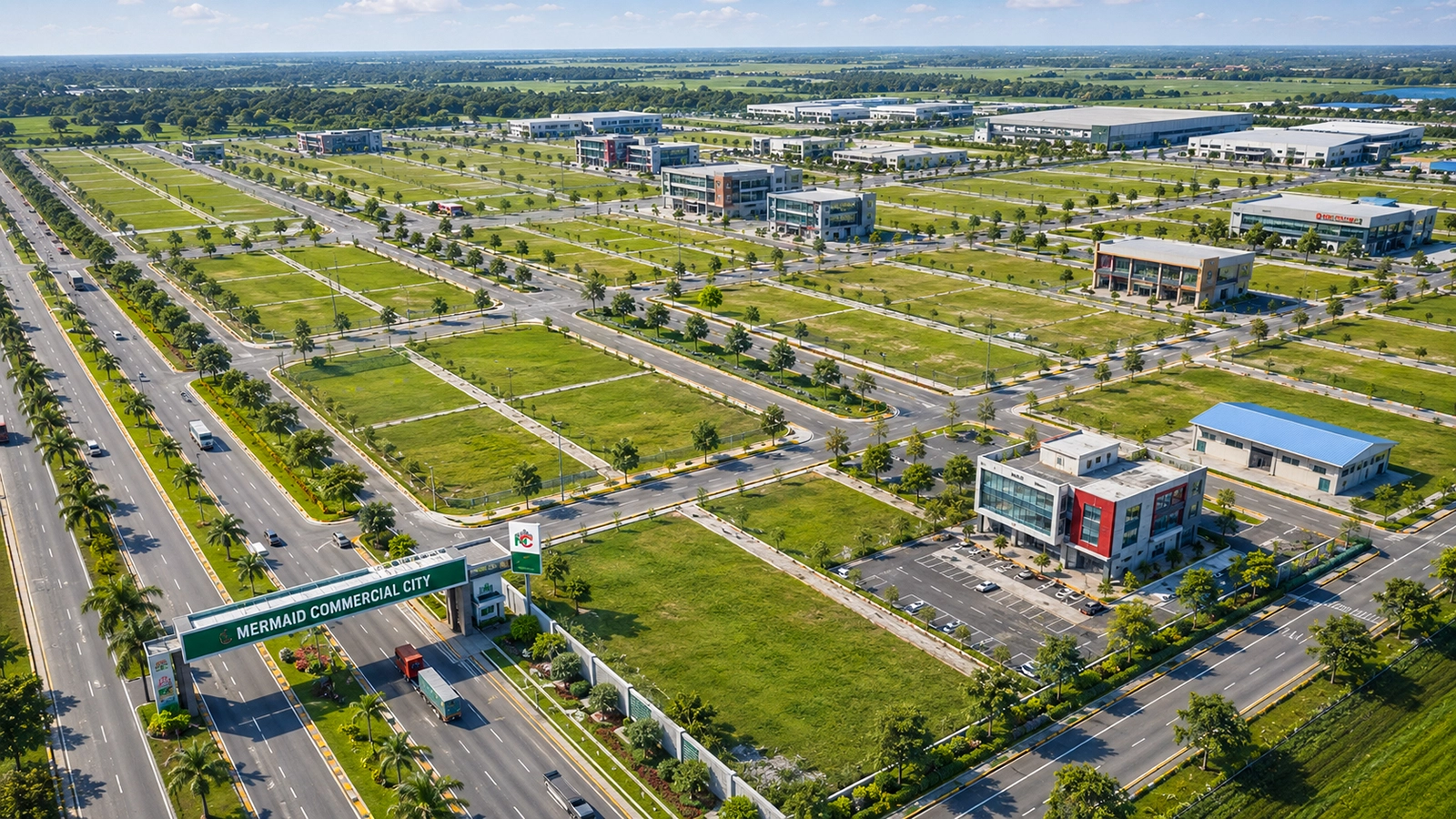 Aerial view of organized commercial plots and buildings at Mermaid Commercial City with highway access